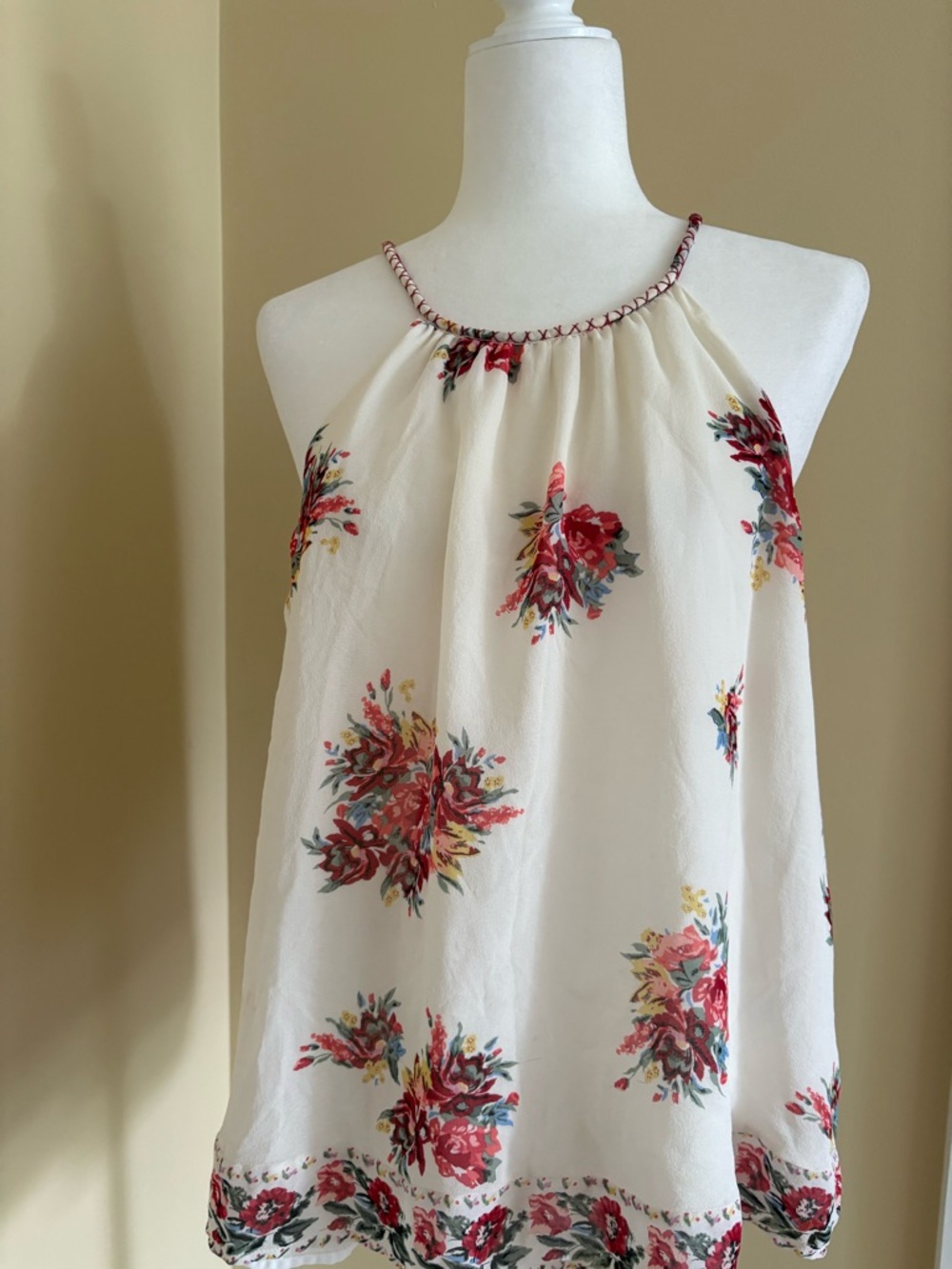 Joie Cream Halter Camisole with Red Floral Print